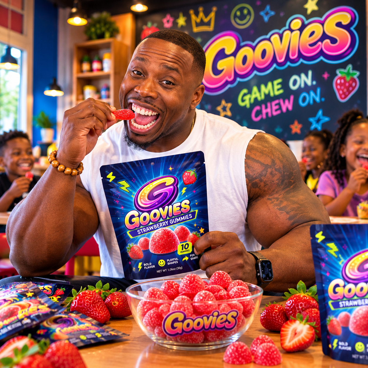 A happy GOOVIES fan eating a strawberry gummy, holding the Strawberry Gummies pouch at a table full of fresh strawberries