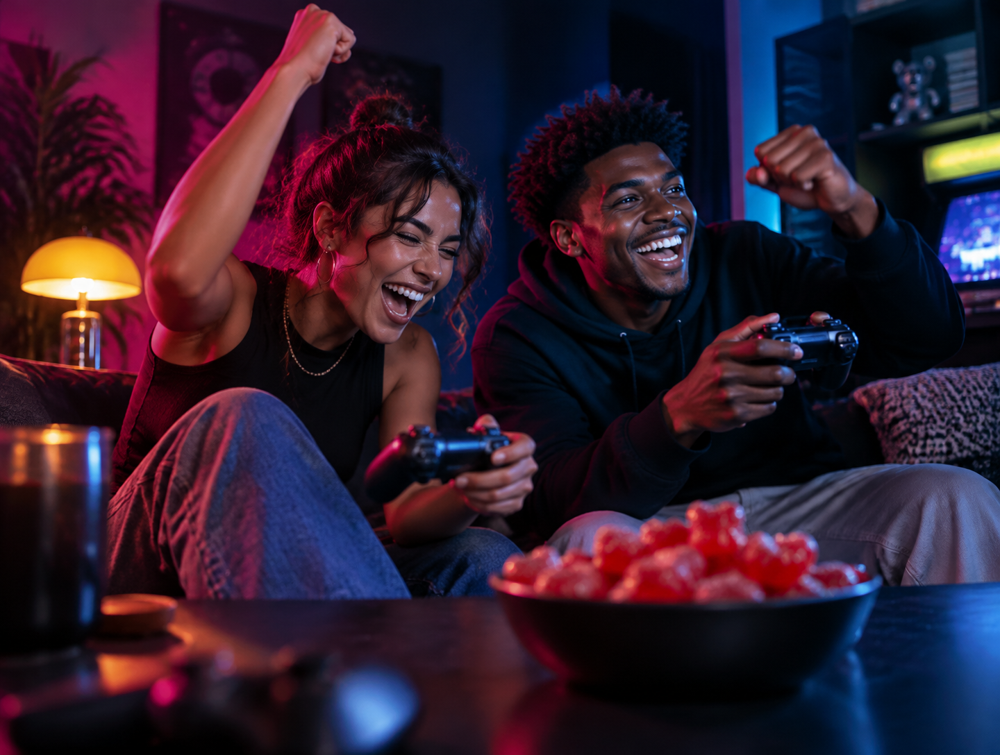 Two friends laughing and celebrating over a game at night, a bowl of strawberry gummies on the table beside them